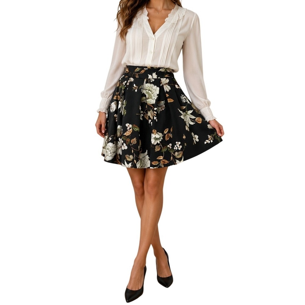 See You Monday Floral Midi Skirt Women Size L Black‎ Pleated Tie Back